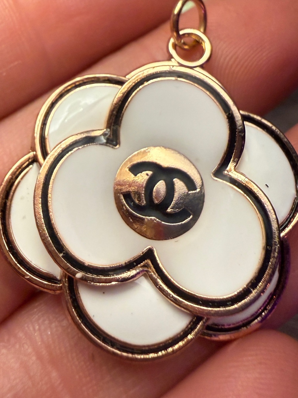 CHANEL Authentic White Enamel Camellia Flower Pendant with Gold Trim